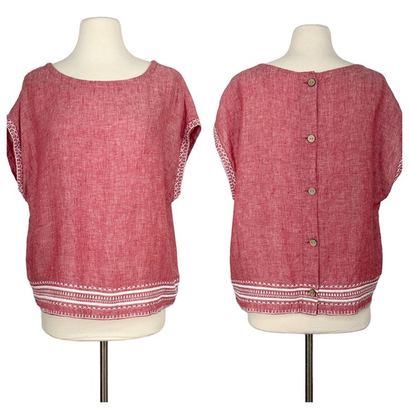 Sigrid Olsen Tops - Sigrid Olsen 100% Linen Embroidered Top Lagenlook Boho Red White Buttons Medium